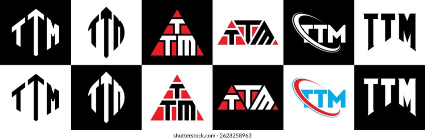 Diseño del logotipo de la letra de TTM en seis estilos. TTM polígono, círculo, triángulo, hexágono, estilo plano y simple con logo de letra de variación de color blanco y negro en una mesa de trabajo. Logotipo minimalista y clásico de TTM