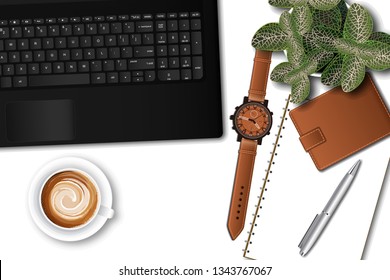 Ttop view of the male office table desk with laptop and office supplies