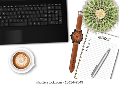 Ttop view of the male office table desk with laptop and office supplies