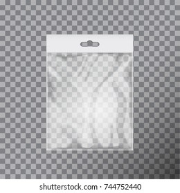 Ttransparent plastic bag template. White packaging with hang slot. Mockup Vector illustration for your design