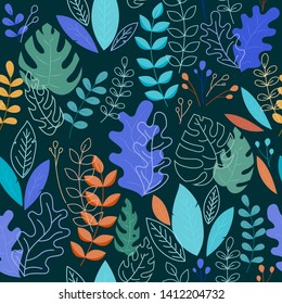 Ttrendy, fantasy vector pattern of flat tropical elements leaves, plants. Seamless vector floral pattern, summer background.