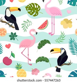 Ttropical pattern with palm leaves, pineapple, flamingos, toucans, exotic flowers, watermelon, orange on blue stripes