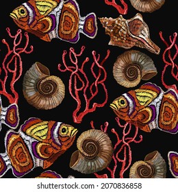 Ttropical sea. Gothic embroidery. Colorful fishes, corals and shells. Seamless pattern. Underwater treasure. Fashion template for clothes, t-shirt design 