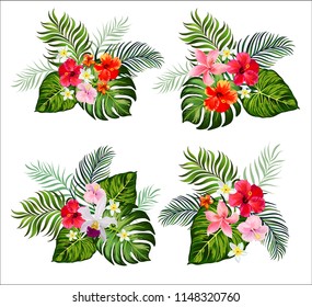 Ttropical set with palm leaves and exotic flowers and butterflyes. Vector isolated illustration on white background.