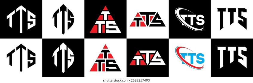 TTS letter logo design in six style. TTS polygon, circle, triangle, hexagon, flat and simple style with black and white color variation letter logo set in one artboard. TTS minimalist and classic logo