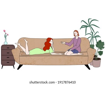 Ttwo girls relaxing at the sofa. Young girls relaxing at home.  Flat vector illustration. Young women, best friends talking, drinking coffee and having fun. Female friendship.