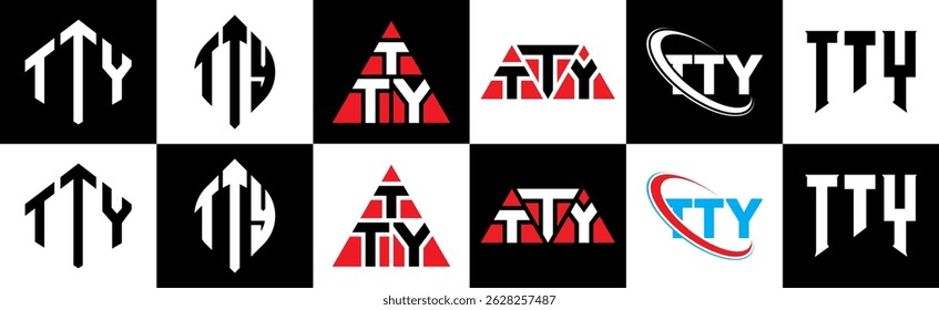 TTY letter logo design in six style. TTY polygon, circle, triangle, hexagon, flat and simple style with black and white color variation letter logo set in one artboard. TTY minimalist and classic logo