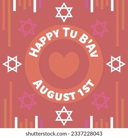 Tu B'Av vector banner design. Happy Tu B'Av modern graphic poster illustration. Geometric background with star of David symbol, heart shape and typography.