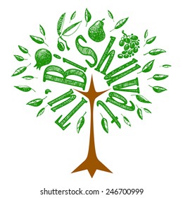 Tu Bishuvat green tree with fruits and text. Hand drawing illustration for jewish holiday, The birthday of trees.Tree silhouette, leaf, pomegranate, pear,grapes, olive branch. Vector EPS 10.