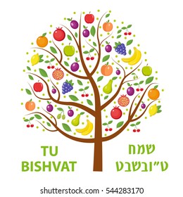 Tu Bishvat greeting card, poster. Jewish holiday, new year of trees. Tree with different fruits, fruit tree. Vector illustration