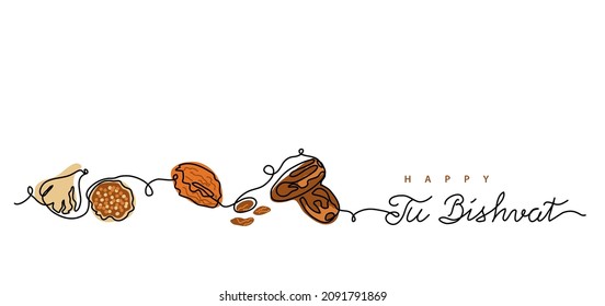 Tu Bishvat, hebrew holiday of fruit trees. One line art drawing of dried fruits fig fruits, apricot, dates. Vector background, banner, poster. Tu Bishvat lettering.