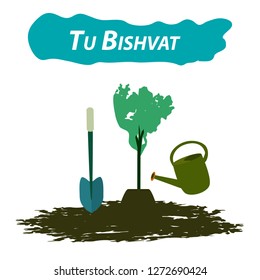 Tu Bishvat Jewish new year of trees. Planting trees on Tu Bishvat. Flat style. Vector illustration on isolated background.