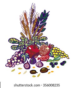 Tu bishvat jewish religion holiday. Various fruits to the traditional Jewish holidays - New Year of tree. Pomegranates, figs, dates, cereals, wheat, barley, grapes, olives, seeds