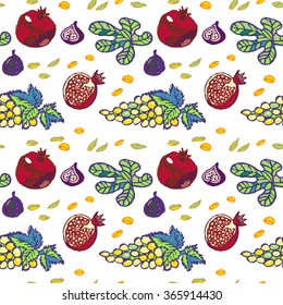 Tu bishvat jewish religion holiday. Seamless Pattern Mixed Fruits to the traditional Jewish holidays - New Year of tree. Pattern with Pomegranates, figs, grapes, seeds