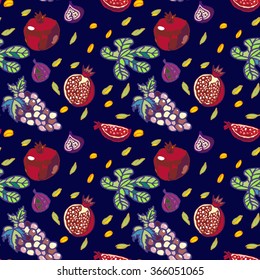 Tu bishvat jewish religion holiday. Seamless Pattern Mixed Fruits to the traditional Jewish holidays - New Year of tree. Pattern with Pomegranates, figs, grapes, seeds