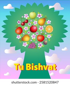 Tu Bishvat - New Year of Trees. Jewish holiday. Silhouette of a green tree with different fruits and flowers against the sky. Poster, postcard, greeting, banner, cover.