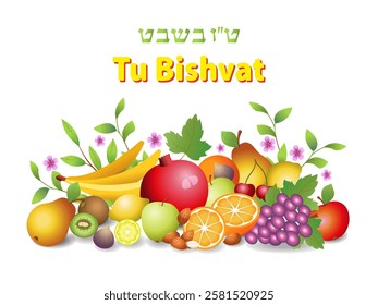 Tu Bishvat - New Year of the Trees. Jewish holiday. Fruits, nuts, branches of a green young tree on a white background. Poster, postcard, greeting, banner, cover. Translation of the text - Tu Bishvat.