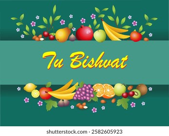 Tu Bishvat - New Year of Trees. Jewish holiday. Horizontal stripe with lettering. Fruits, nuts, green tree branches. Poster, greeting card, cover, billboard.