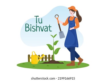 Tu BiShvat Template Hand Drawn Cartoon Flat Illustration Blooming tree with Objects of Seven Species of Fruits on White background Design