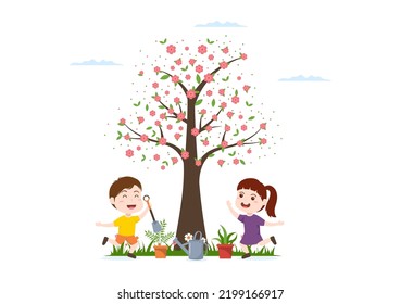 Tu BiShvat Template Hand Drawn Cartoon Flat Illustration Blooming tree with Objects of Seven Species of Fruits on White background Design