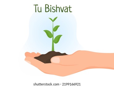 Tu BiShvat Template Hand Drawn Cartoon Flat Illustration Blooming tree with Objects of Seven Species of Fruits on White background Design