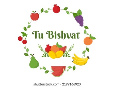 Tu BiShvat Template Hand Drawn Cartoon Flat Illustration Blooming tree with Objects of Seven Species of Fruits on White background Design