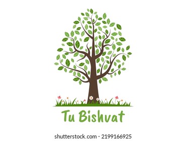 Tu BiShvat Template Hand Drawn Cartoon Flat Illustration Blooming tree with Objects of Seven Species of Fruits on White background Design