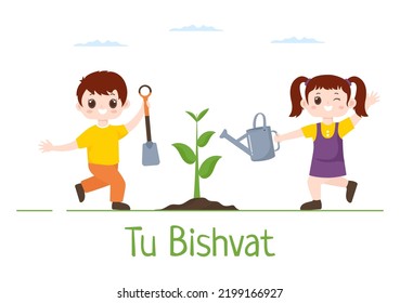 Tu BiShvat Template Hand Drawn Cartoon Flat Illustration Blooming tree with Objects of Seven Species of Fruits on White background Design