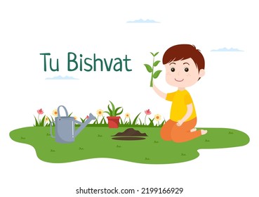 Tu BiShvat Template Hand Drawn Cartoon Flat Illustration Blooming tree with Objects of Seven Species of Fruits on White background Design