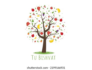 Tu BiShvat Template Hand Drawn Cartoon Flat Illustration Blooming tree with Objects of Seven Species of Fruits on White background Design