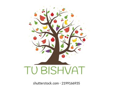 Tu BiShvat Template Hand Drawn Cartoon Flat Illustration Blooming tree with Objects of Seven Species of Fruits on White background Design