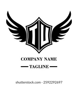 TU bold shield logo with wings, customizable with letters A to Z. Perfect for brands seeking a powerful symbol of strength, freedom, and ambition