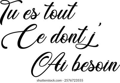 Tu es tout ce dont j'ai besoin (eng: You're all I need) vector hand drawn lettering in French