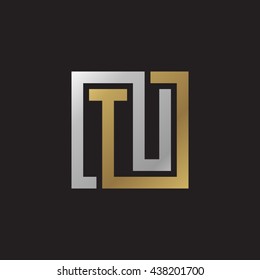 TU initial letters looping linked square elegant logo golden silver black background