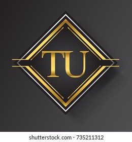 TU Letter logo in a square shape gold and silver colored geometric ornaments. Vector design template elements for your business or company identity.