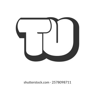 TU logo, bubble comic lettering, rounded in graffiti style black and white silhouette. Trendy preschool T and U letter text for festival party, personal initials, children funky print and web. 