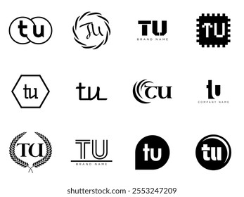 TU logo company template. Letter t and u logotype. Set different classic serif lettering and modern bold text with design elements. Initial font typography. Collection trendy business identity.