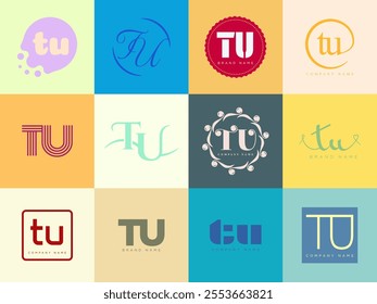 TU logo company template. Letter t and u logotype. Set different classic serif lettering and modern bold text with design elements. Initial font typography. Collection trendy business identity.