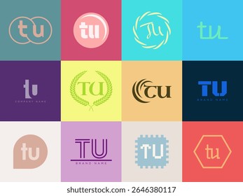 TU logo company template. Letter t and u logotype. Set different classic serif lettering and modern bold text with design elements. Initial font typography. Collection trendy business identity.