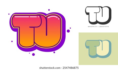 TU logo design for festival or party. Initial letter t and u in graffiti style. Creative modern lettering company name of font typography. Kids trendy logotype or identity. Vector illustration.