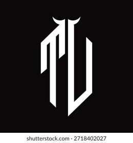 Monograma do logotipo TU com forma de chifre isolado modelo de design preto e branco sobre fundo preto