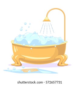 Tub filled with foam, with a shower and soap bubbles