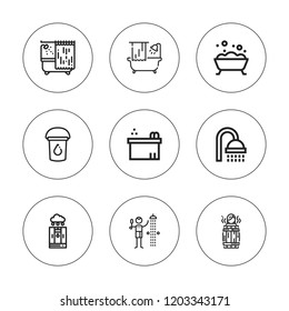 Tub icon set. collection of 9 outline tub icons with bath, bathtub, hot tub, shower icons. editable icons.