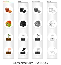 A tub with milk, a piece of cheese, a birdhouse, planting seeds in the garden, plants in the ground. Farm and vegetable garden set collection icons in cartoon black monochrome outline style vector