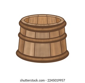 A tub, a wooden basin, peasant utensils, a container for washing dishes, for washing clothes, an item for a bath, a color drawing, on a transparent background