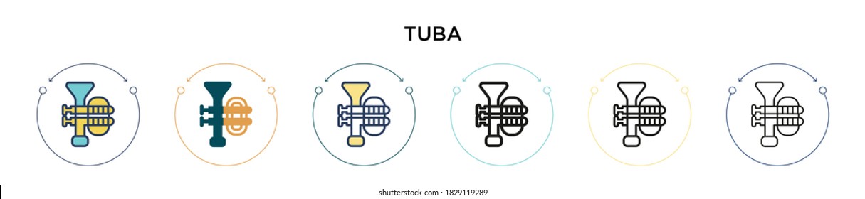 Tuba icon in filled, thin line, outline and stroke style. Vector illustration of two colored and black tuba vector icons designs can be used for mobile, ui, web