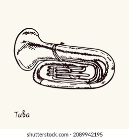 Tuba. Ink black and white doodle drawing in woodcut style with inscription.