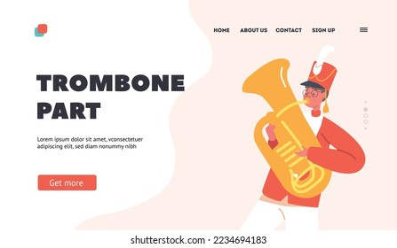 Tuba Pary, Parade Marching Landing Page Template. Happy Boy Play Festival Music With Tuba. Kid Character in Uniform with Brass Wind Instrument Perform Concert. Cartoon People Vector Illustration