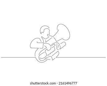 Tuba player in line art drawing style. Composition of a musician playing. Black linear sketch isolated on white background. Vector illustration design.