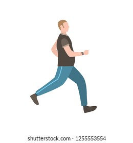 Tubby man with fitness tracker running outdoor. Fat, portly, belly. Can be used for topics like losing weight, slimming, training